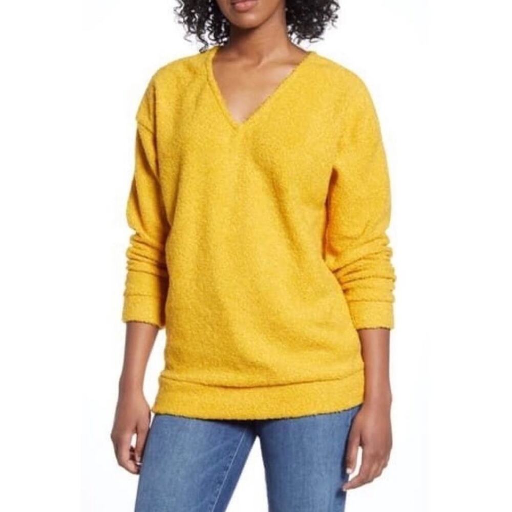Caslon Mustard Yellow V Neck Fuzzy Pullover